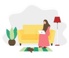 garota árabe em hijab com laptop sentada em casa vetor