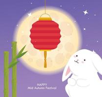 festival chinês do meio do outono com coelho, bambu e lanterna pendurados vetor