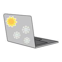 isométrico computador portátil com brilhante adesivos em a cobrir do a Sol e floco de neve. adesivo. ícone. isolar vetor