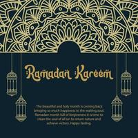comemoro a piedosos mês do Ramadã com esses belas projetado cumprimento cartões. com uma combinação do ornamentado islâmico lanternas e mandala fundos vetor