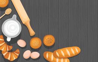 pão, ovos e utensílios de cozinha na mesa de madeira vetor
