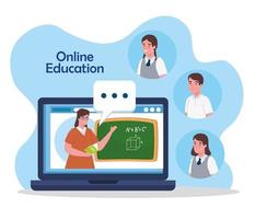 educação online, professor no laptop e alunos aprendendo online vetor