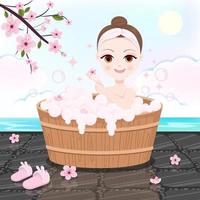 linda mulher tomando banho nas flores de cerejeira vetor