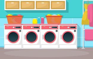 lavanderia com máquinas de lavar e cestos vetor