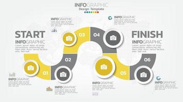 infográfico elemento de cor amarela de 6 etapas com seta, diagrama gráfico, conceito de marketing on-line de negócios. vetor