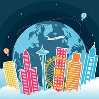 horizonte de Seattle, Washington, no globo, dia mundial do turismo vetor