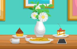 sobremesas e flores na mesa do café vetor