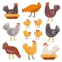 conjunto de galinha, pássaro, galo, frango. fazenda, vida no campo. produção ecológica de alimentos. vetor