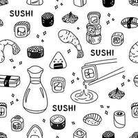 japonês Sushi lista conjunto desatado padronizar dentro mão desenhado rabisco estilo. ásia Comida para restaurantes cardápio vetor