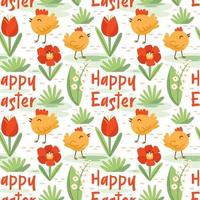 decoração de Páscoa feliz. pintinho, frango, flor, grama. padrão sem emenda, textura, plano de fundo. vetor