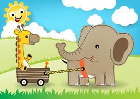 fofa elefante puxar girafa com carrinho dentro Prado em azul céu fundo, sorridente Sol atrás nuvens, vetor desenho animado ilustração