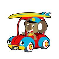 engraçado coala em carro carregando prancha de surfe, vetor desenho animado ilustração