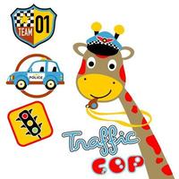 vetor desenho animado do fofa girafa com tráfego policial elementos