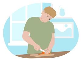 ilustração em vetor plana personagem homem loiro alegre preparando comida em casa. nutrição adequada, menino cozinha na cozinha. corta vegetais para salada.