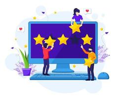 conceito de avaliações de clientes, pessoas dando avaliações e avaliações de cinco estrelas, feedback positivo. ilustração em vetor plano de atendimento ao cliente e experiência do usuário