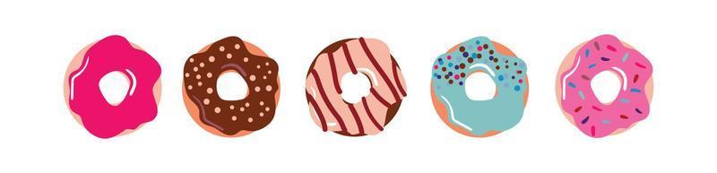 donuts em glacê colorido, decorados com granulado e chocolate vetor