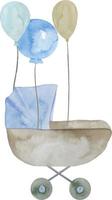 carrinho de bebê azul aquarela com ilustração de balões. é um conjunto de menino vetor