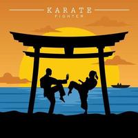 vetor ilustração do casal prática karatê luta debaixo portão com pôr do sol de praia fundo para camiseta, poster, etc