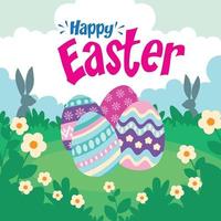 ilustração em vetor de feliz feriado de Páscoa com ovo pintado, coelho e flores em fundo colorido