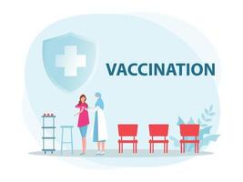 médica com seringa dá vacinações, médico de vacinação de saúde, imunização em ilustrador vetorial de clínica. vetor