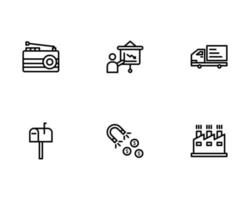ícone de negócios definido com rádio, apresentação, caminhão de entrega, caixa de correio e ícone de fábrica vetor