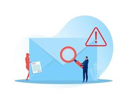 personagem de empresário segurando a lupa do envelope com notificação de aviso e alerta. ilustrador de vetor de e-mail de spam.