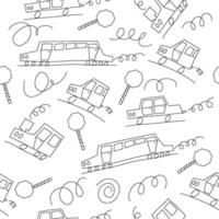 doodle fundo de carros monoline. sem costura bebê menino padrão em vetor. textura para papel de parede, preenchimentos, fundo de página da web vetor