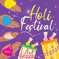 colori holi festival poster com bateria e mãos com pó vetor ilustração