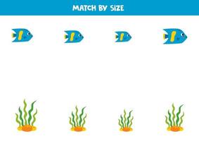 Coincidindo jogos para pré escola crianças. Combine azul peixe e algas marinhas de tamanho. vetor