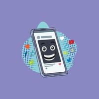 conceito do a social meios de comunicação rede e digital comunicação. local na rede Internet aterrissagem página modelo Projeto. rede página disposição com uma vetor personagem cercado de ícones e emojis, conversando dentro uma Smartphone.