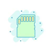 ícone do cartão micro SD em estilo cômico. ilustração em vetor desenho animado de chip de memória em fundo branco isolado. efeito de respingo de conceito de negócio de adaptador de armazenamento.