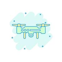 ícone do drone quadrocopter em estilo cômico. quadcopter câmera vector cartoon ilustração sobre fundo branco isolado. efeito de respingo de conceito de negócio de voo de helicóptero.