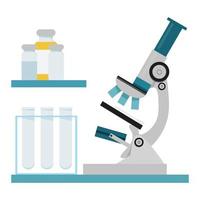 microscópio e teste tubos com médico garrafas vetor