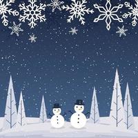cartão comemorativo da temporada de inverno com paisagem de neve, bonecos de neve e flocos de neve vetor