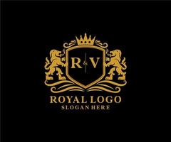 modelo de logotipo de luxo real de leão de carta inicial rv em arte vetorial para restaurante, realeza, boutique, café, hotel, heráldica, joias, moda e outras ilustrações vetoriais. vetor