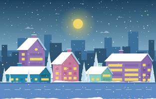 Cena de cidade de inverno com neve com horizonte, casas e árvores vetor