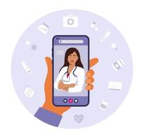 conectados médico consulta e Apoio, suporte conceito. mão segurando Smartphone tela com fêmea doutor. vetor plano ilustração.