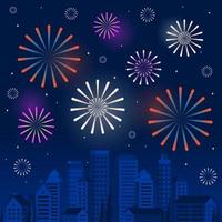 cena de feliz ano novo com fogos de artifício no horizonte estilizado de uma cidade vetor