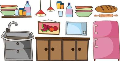 conjunto de equipamentos de cozinha doodle estilo cartoon em fundo branco vetor