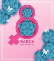 8 de março. fundo do dia da mulher feliz. projeto com flores e borboletas em fundo rosa. arte em papel. vetor. vetor