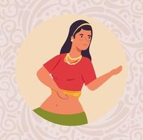 mulher indiana com roupas tradicionais dançando em moldura circular vetor