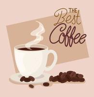banner do melhor café com xícara de cerâmica e grãos de café vetor