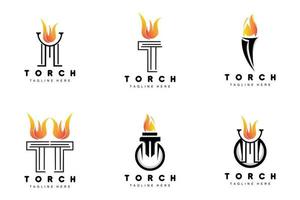 logotipo da tocha, design de fogo, logotipo da carta, ícone da marca do produto vetor