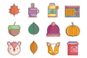 conjunto de ícones de outono fofo vetor