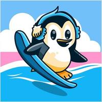 pinguins surfar vestindo fones de ouvido vetor