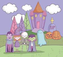 pôster fofo de halloween com pequenos personagens vetor