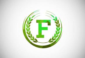 alfabeto f placa com uma trigo guirlanda. poligonal baixo poli orgânico trigo agricultura logotipo conceito. agricultura logotipo Projeto vetor modelo.