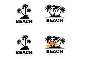 logotipo de coqueiro com atmosfera de praia, vetor de plantas de praia, design de exibição do pôr do sol