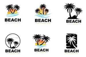 logotipo de coqueiro com atmosfera de praia, vetor de plantas de praia, design de exibição do pôr do sol