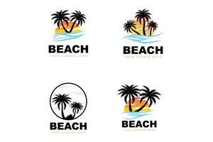 logotipo de coqueiro com atmosfera de praia, vetor de plantas de praia, design de exibição do pôr do sol